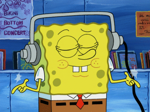a .gif of Spongenbob wearing headphones and snapping his fingers